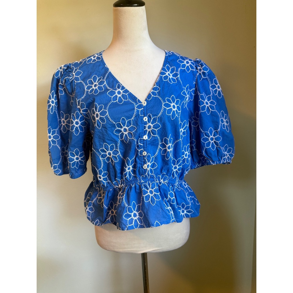 Calligraphie Blue Floral Puff embroidered Peplum Blouse Top M boho cottage Y2K